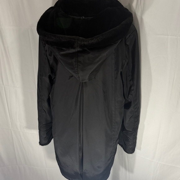 Fitz Wright Vintage Black Hooded Coat Faux Fur Trim L - Picture 9 of 14